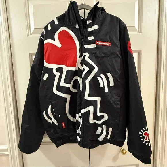 Members Only x Keith Haring Hooded Jacket Black Graphic Poly Filled Streetwear M - Picture 5 of 17